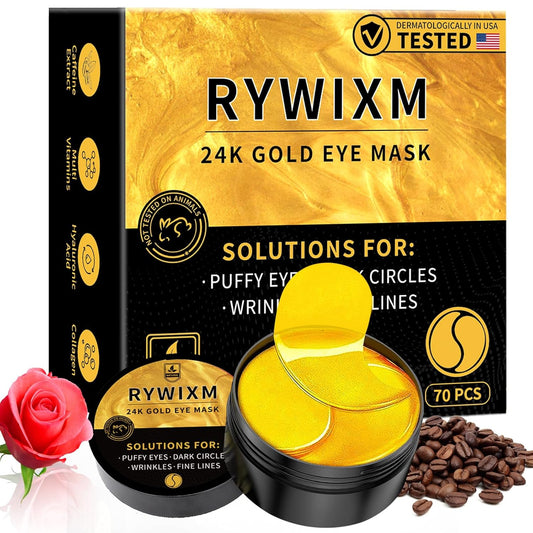 24K Gold Eye Masks for Dark Circles and Puffiness 70PCS, Under Eye Patches for Puffy Eyes Treatment, Under Eye Mask w/Caffeine, Hyaluronic Acid, Peptides for Eye Bags Treatment, Eye Mask Skincare