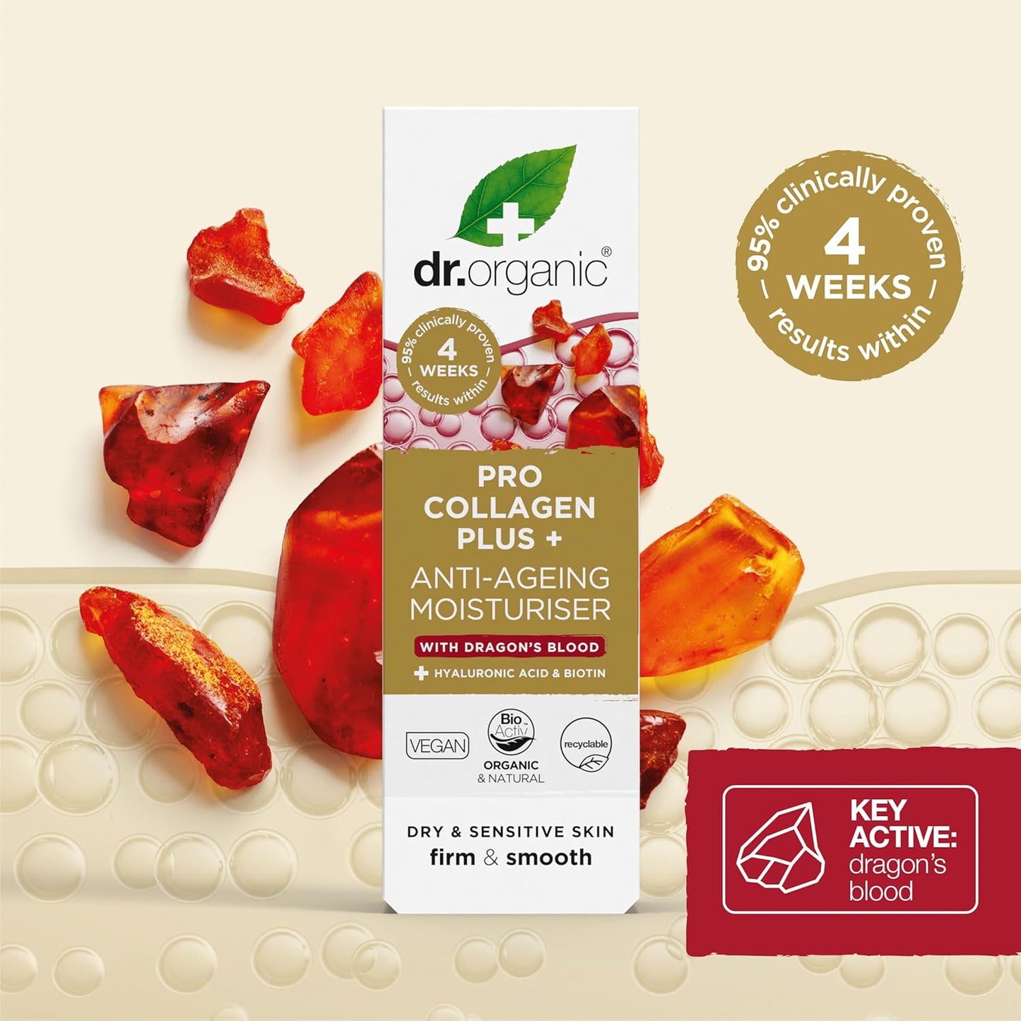 Dr. Organic Pro Collagen Plus + Anti-Ageing Moisturiser with Dragon’s Blood | Reduces Wrinkles, (Dry & Sensitive Skin) Natural, Certified Organic, Paraben & SLS-Free, 50 mL / 1.7 fl oz