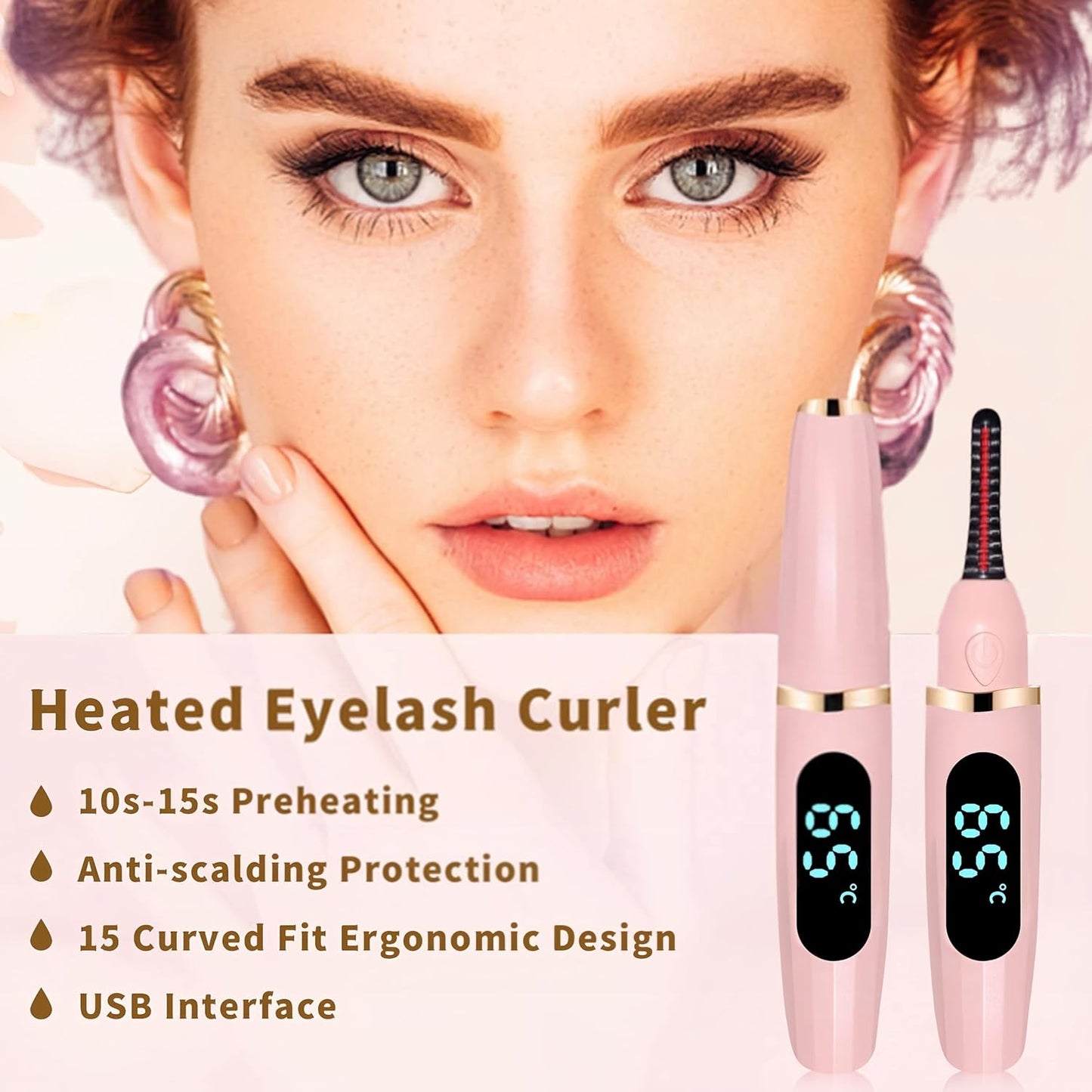 Heated Eyelash Curler, Heated Lash Curler with Led Display Electric Eye lash Curler 3 Temp Settings for Makeup Tools for Achieving A Natural Curl and Long Lasting Eyelashes, Designed for Women, Pink