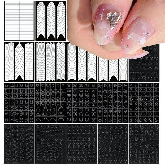 SILPECWEE 17 Sheets Airbrush Stencils for Nails French Tip Nail Guide Nail Design Stickers Bear Butterfly Heart Star Nail Art Stickers Decals Printing Template Tool Manicure Strips Nails Decoration
