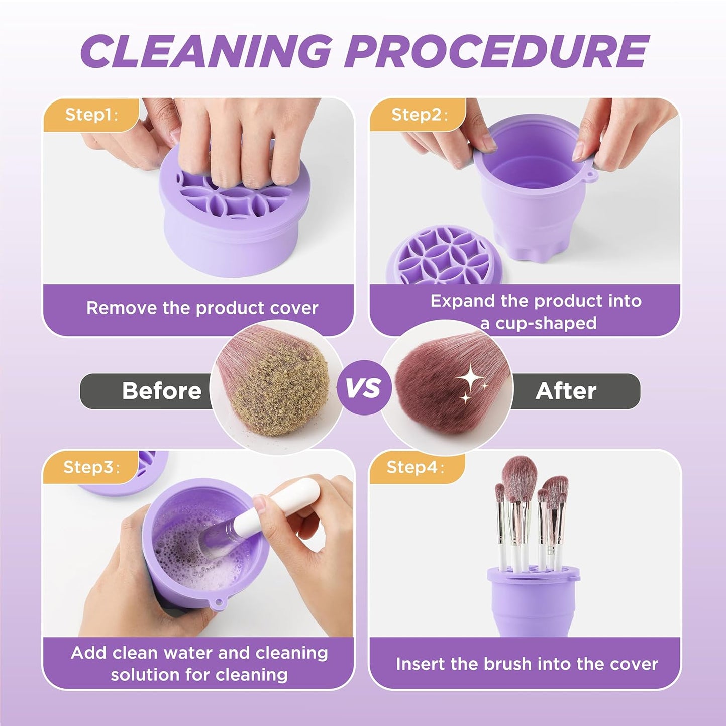 Makeup Brush Cleaner - Foldable Silicone Makeup Brush Cleaner Mat with Brush Storage Holder Makeup Brush Cleaning Bowl Cosmetic Brush Washing Tool for Cleaning Organizer and Drying (Purple and Pink)