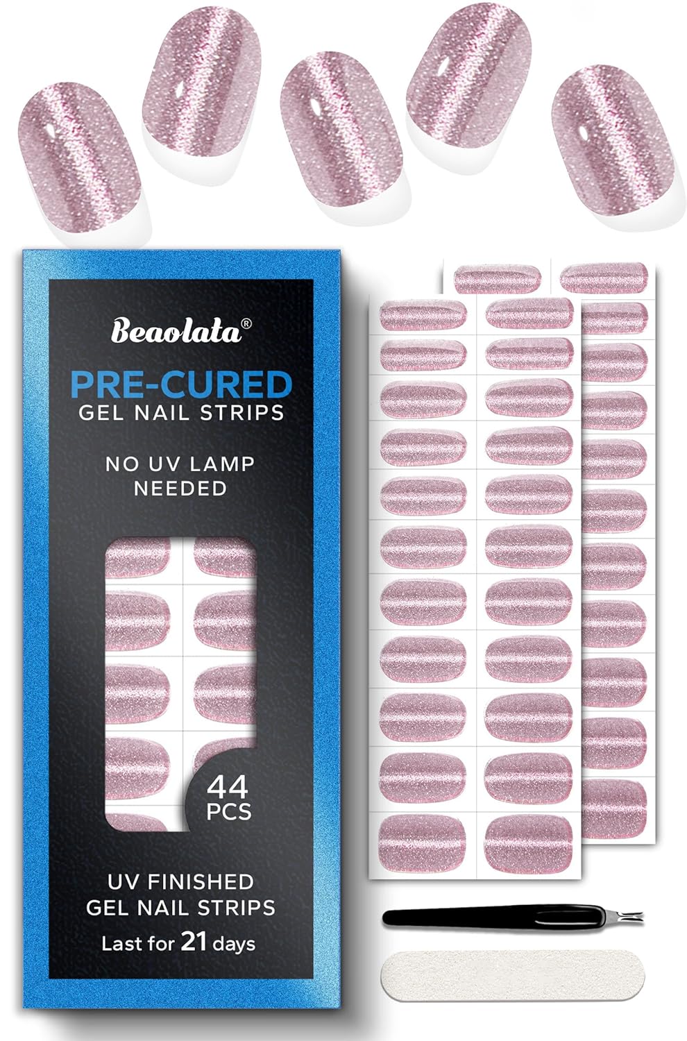 Pre Cured Gel Nail Strips - 44PCS Salon Quality Gel Nail Stickers - Long Lasting Polish Wraps for Women no UV Light Needed Easy Apply& Remove (Line Glitter Pink)