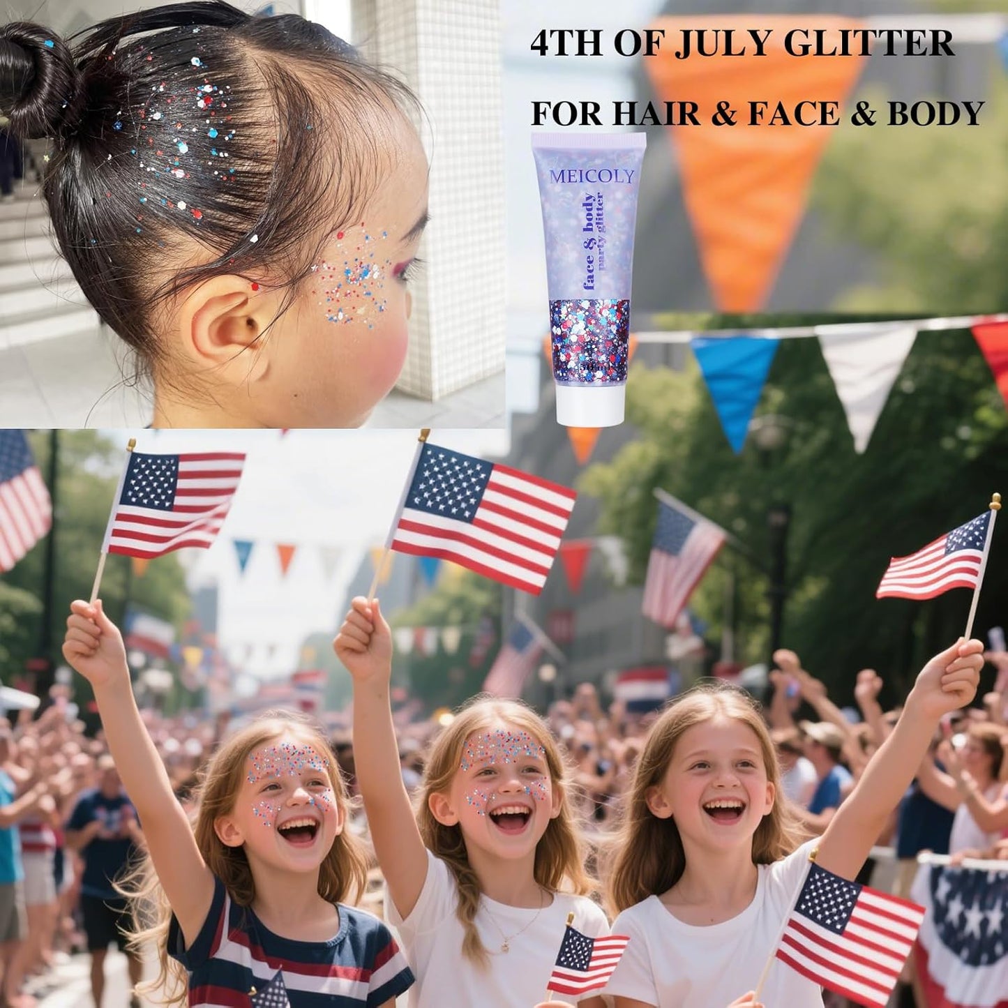 MEICOLY Red White and Blue Body Glitter,4th of July Accessories Hair Glitter for Kids,4th of July Outfits for Women,Fourth of July Patriotic Face Glitter for President's Day Veterans Day