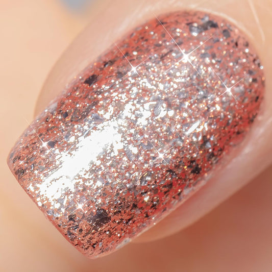 YTD Likomey Gel Nail Polish,15ml Rose Gold Glitter Nails Gel,Fall Winter Shiny Sparkly Salon Home Pink Shimmer Flakes Manicure UV Color Varnish,SF439
