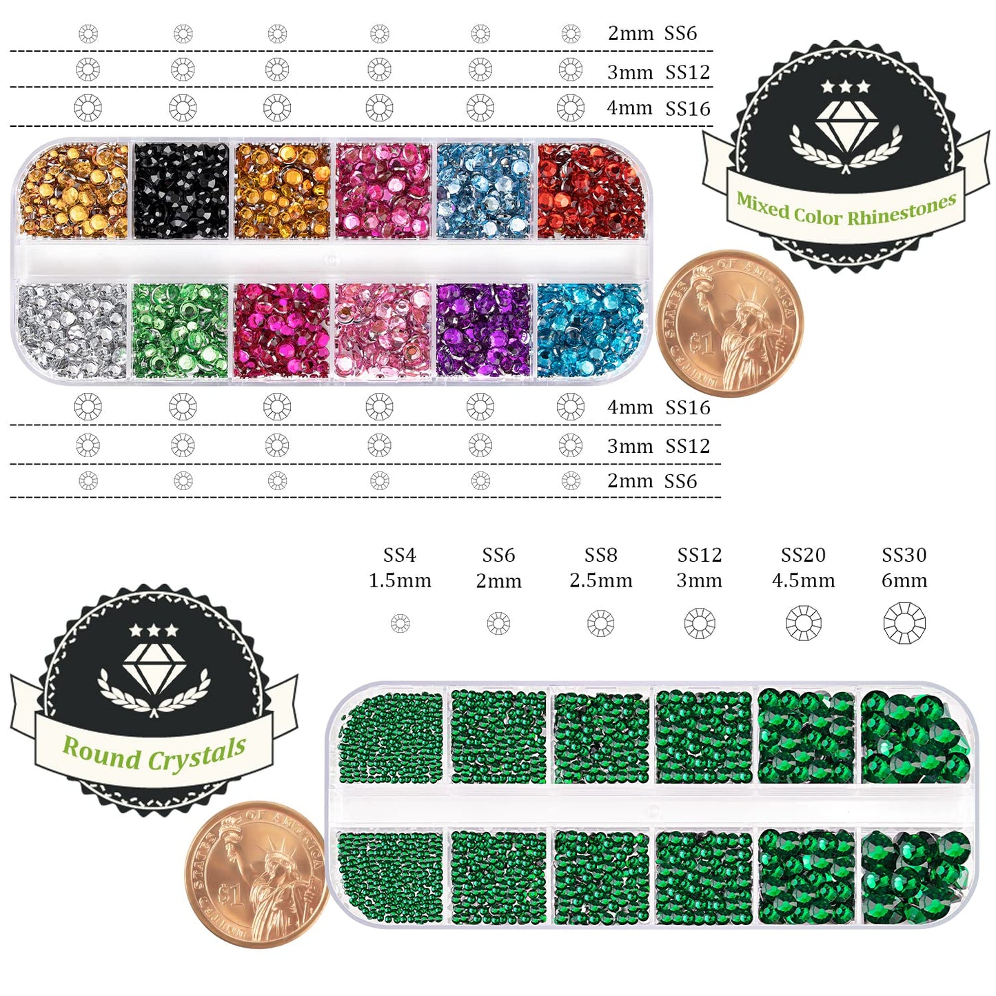 Two Packs of Flatback Rhinestones 4520 Pcs Colorful Nail Art Rhinestones Flatback Crystal Colorful+Dark Green Rhinestone with Picker Pencil and Tweezer for Nail Art and Decoration