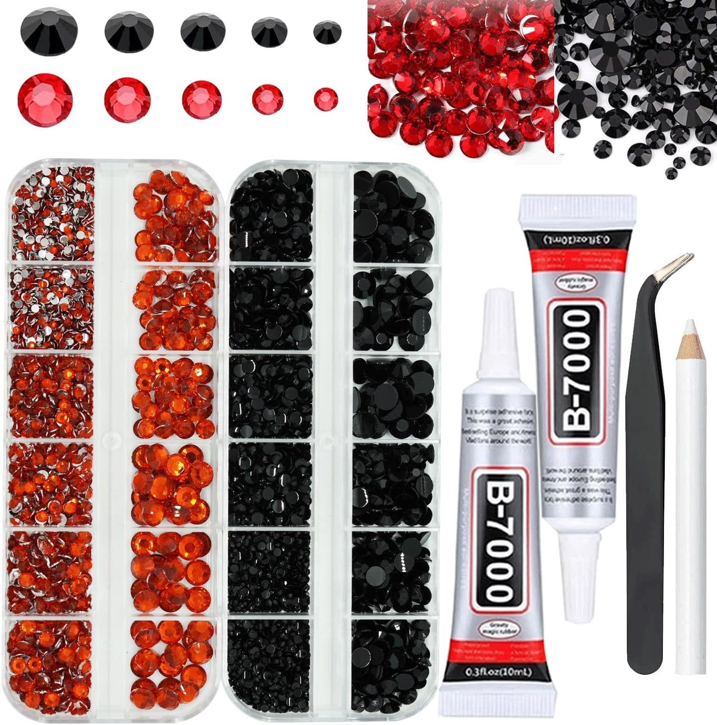 Black and Red Rhinestones with Glue(S8-S30) for Bedazzling,2mm-6mm Non-Hotfix Flatback Nail Gems Beads with B7000, Resin Nail GemsStones Diamond Kit for Bedazzle Crafting, Nails DIY Art Decoration