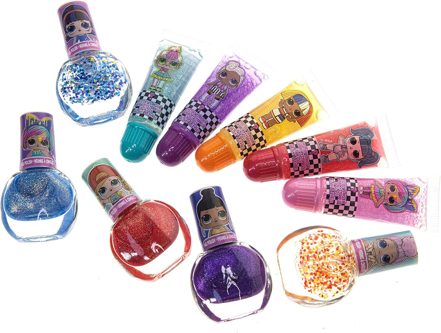 LOL Surprise Townley Girl 11 Pcs Sparkly Cosmetic Makeup Set for Kids Includes 5 Lip Gloss, 5 Nail Polish & Nail Stickers for Girls Tweens, Ages 3+ Perfect for Parties, Sleepovers and Makeovers