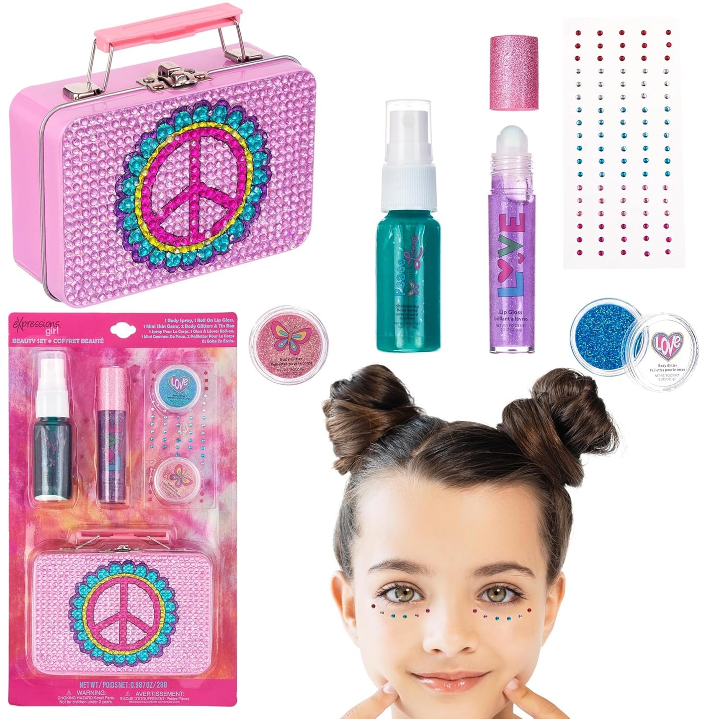 Expressions 6pc Peace & Rhinestones Beauty Set w/Tin Box Storage Case - Body Spray, Body Glitter, Mini Body Gems, and Lip Gloss Set,Washable + Non Toxic