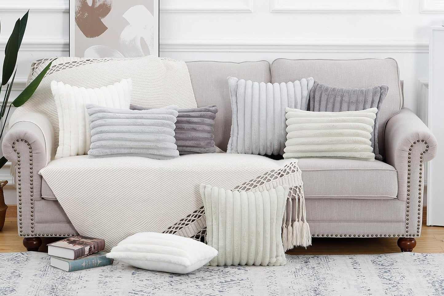 MADIZZ Set of 2 Faux Wool Plush Decorative Throw Pillow Covers 24x24 Inch Greyish White Fluffy Striped Soft Decorative Cushion Cover for Sofa Bedroom Pillow Shell