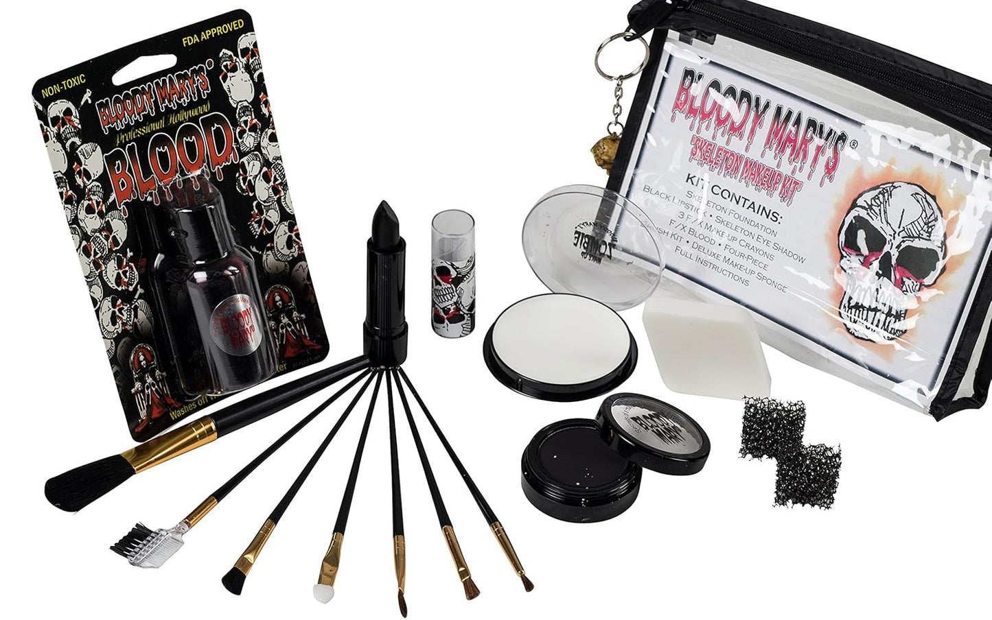 Scary Skeleton Makeup Kit By Bloody Mary - Professional Special Effects Face Makeup Supplies - FX Foundation, Black Blood Lipstick, Eye Shadow, Crayons, Brushes, Blood, Sponge & Case.