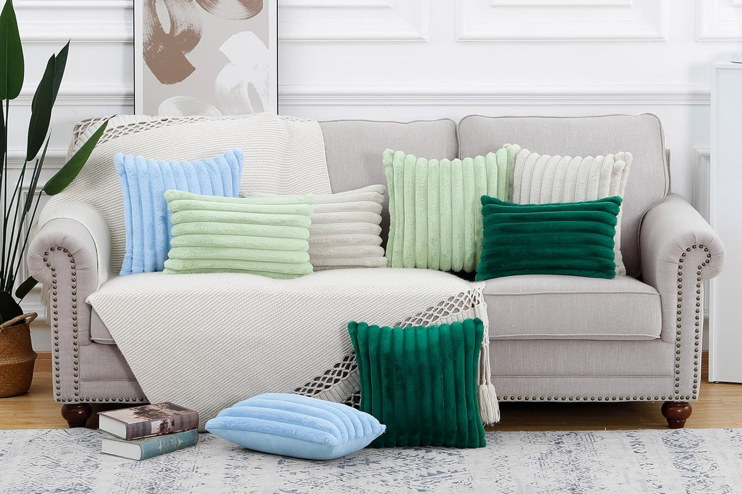 MADIZZ Set of 2 Faux Wool Plush Decorative Throw Pillow Covers 18x18 Inch Green Fluffy Striped Soft Decorative Cushion Cover for Sofa Bedroom Pillow Shell