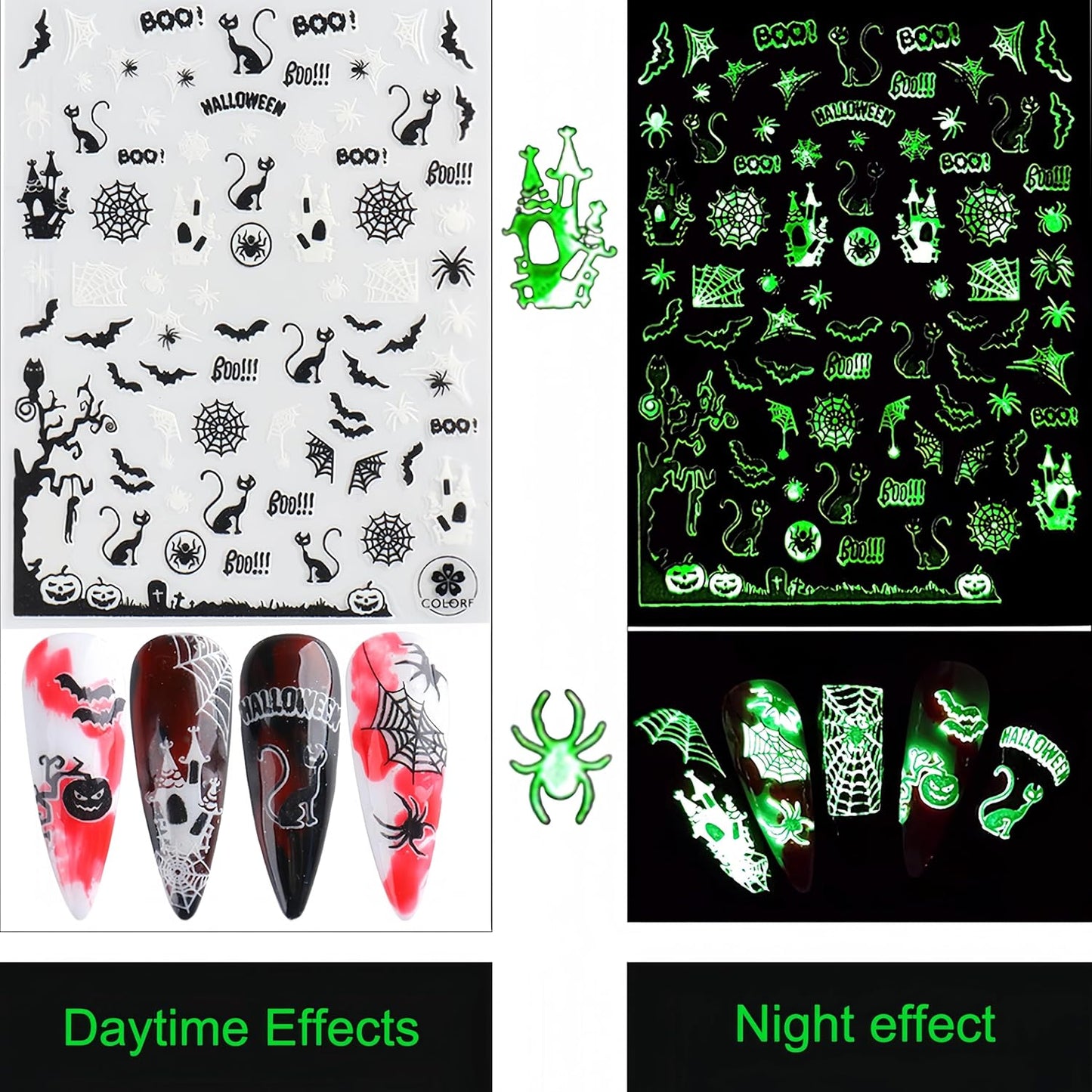 6Sheets Halloween Nail Art Stickers 3D Fluorescent Design Nail Decals Self-Adhesive Halloween Nail Supply Skeleton Pumpkin Spider Ghost Nail Sticker for Holiday Women Girls DIY Manicure Decoration