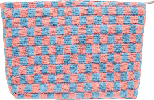 PAZIMIIK Knitted Checkered Makeup Bag Large Zipper Make Up Accessory Pouch for Purse Cosmetic Brush Bag for Travel Red Blue