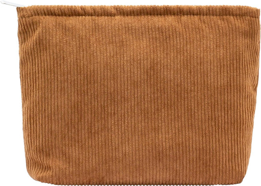 PAZIMIIK Makeup Bag Large Zipper Corduroy Make Up Pouch for Purse Travel Canvas Cosmetic Organizer for Women Brush Storage,Brown