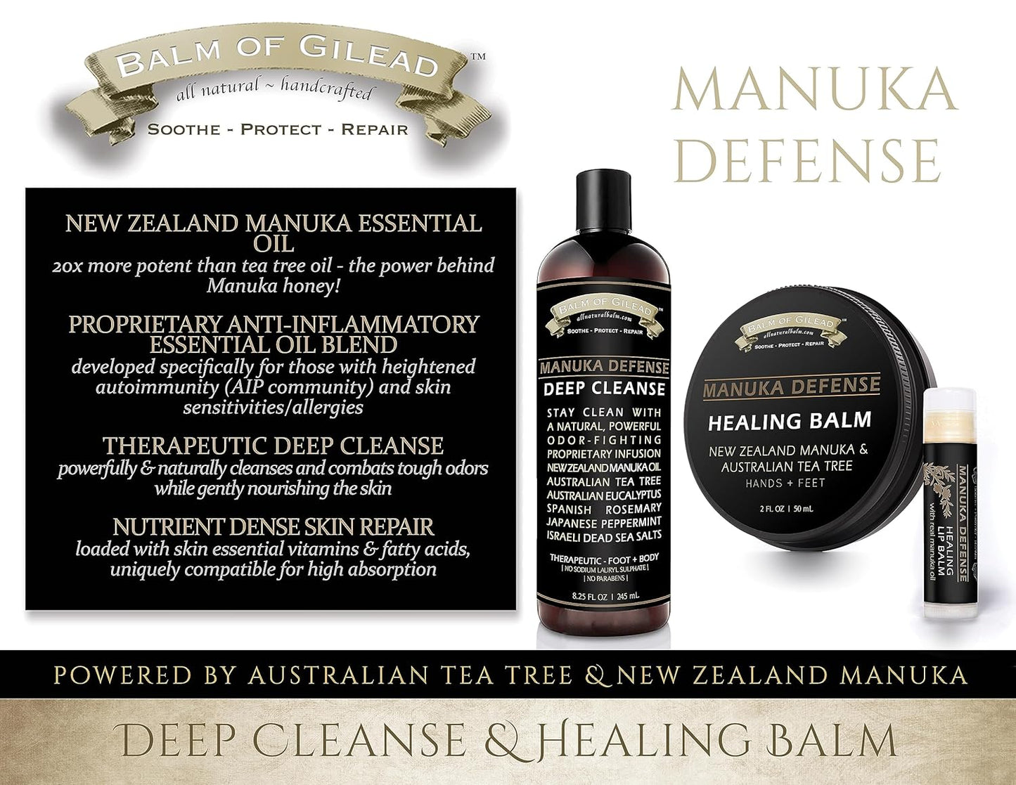 BALM OF GILEAD Manuka Defense Healing Lip Balm - Intensive Moisture Therapy in Tube w/Manuka, Tea Tree & Cooling Peppermint - Ideal for Chapped & Cracked Lips - Beauty Pack Of 4-0.15 oz