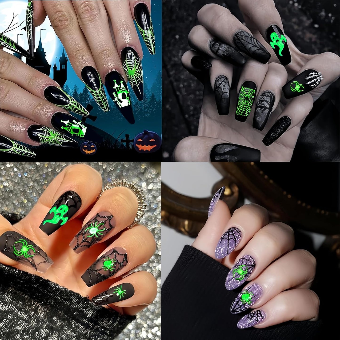 6Sheets Halloween Nail Art Stickers 3D Fluorescent Design Nail Decals Self-Adhesive Halloween Nail Supply Skeleton Pumpkin Spider Ghost Nail Sticker for Holiday Women Girls DIY Manicure Decoration