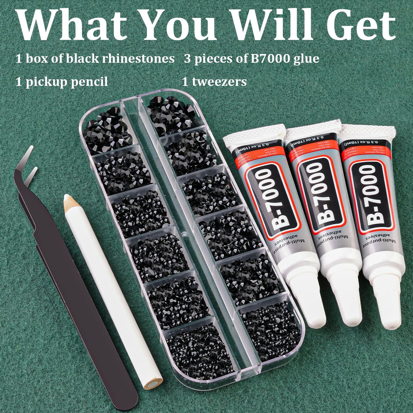 Resin Rhinestones for Bedazzling with B7000 Jewelry Glue, 1 Box Black Flatback Crystals with 3Pcs 10ml Glue for Crafting Crafts，Non Hotfix Gems for Clothing Shoes Nail Art Makeup