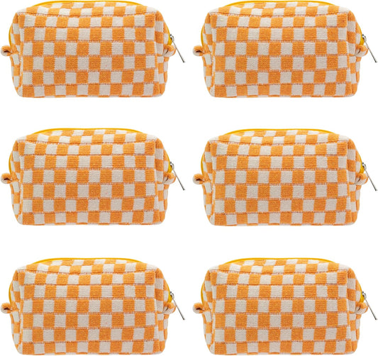 PAZIMIIK Checkered Makeup Bag for Purse Portable Zipper Make Up Pouch Small Cosmetic Case for Travel Accessories (6PCS Orange)