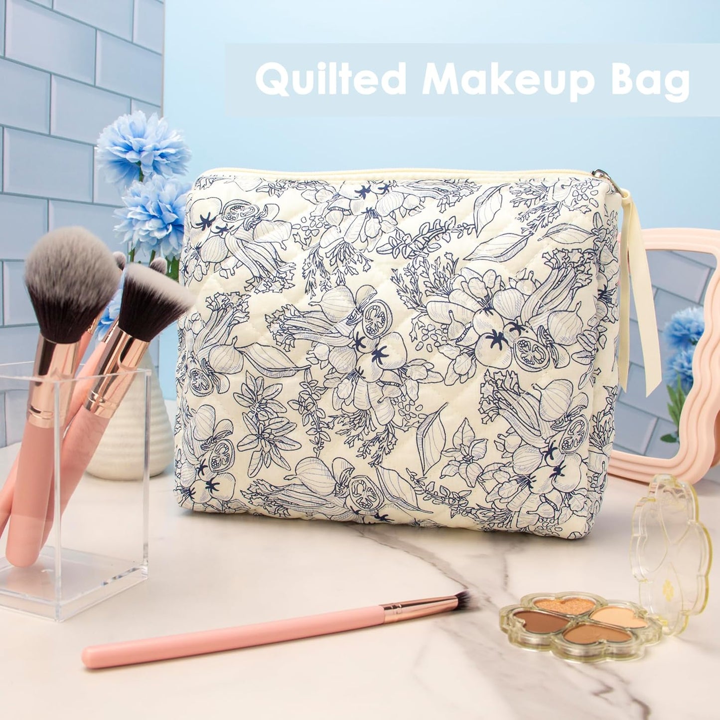 PAZIMIIK Quilted Makeup Bag Large Travel Zipper Soft Cosmetic Pouch for Women Girls Make Up,Flower White