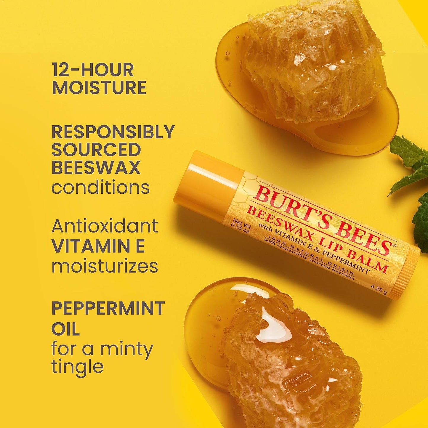 Burt's Bees Lip Balm - Beeswax, Cucumber Mint, Coconut & Pear, and Vanilla Bean Pack, With Responsibly Sourced Beeswax, Tint-Free, Natural Origin Lip Treatment, 4 Tubes, 0.15 oz.