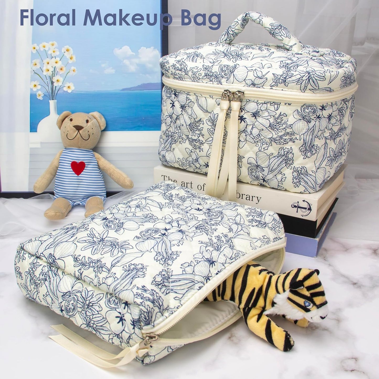 PAZIMIIK Quilted Makeup Bag Large Travel Zipper Soft Cosmetic Case for Women Girls Make Up,Flower White