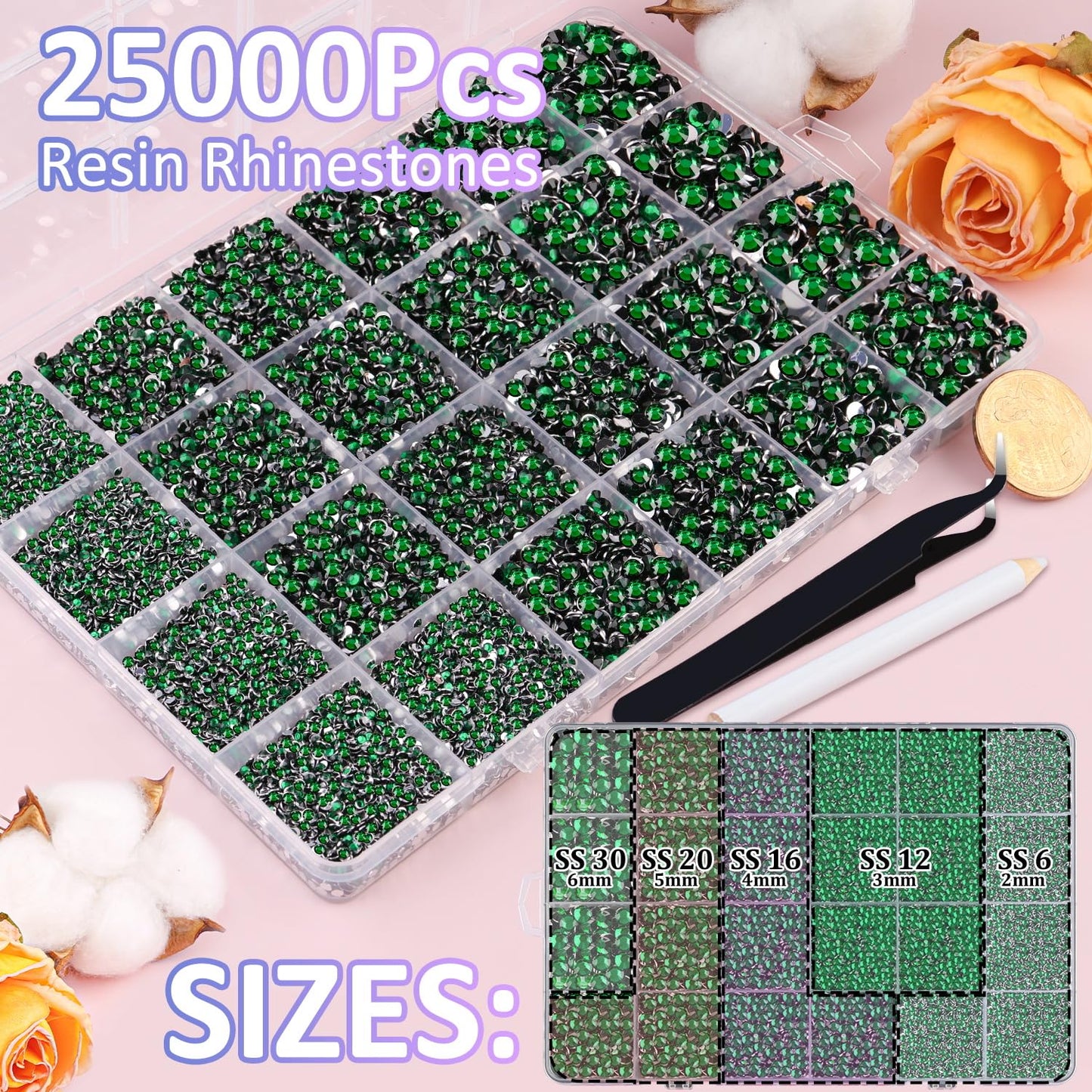 25000Pcs Resin Rhinestones for Crafting, Emerald Green 2-6mm Mixed Sizes Non Hotfix Flatback Gems, Bedazzling Crystal for DIY Crafts Clothing Tumblers Mugs Shoes Fabric Nail Art