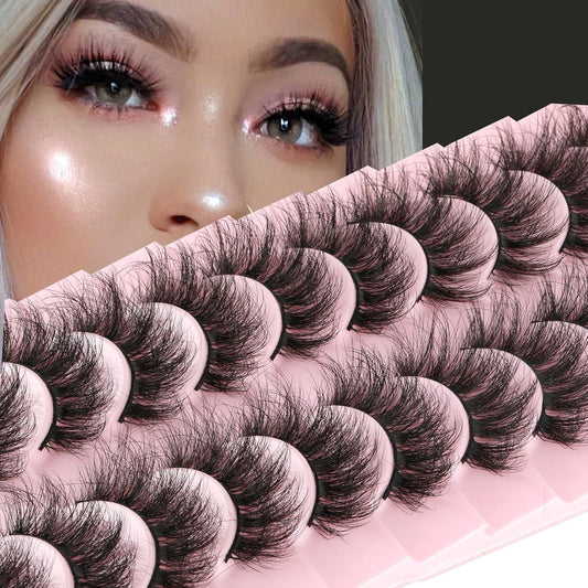 FANXITON Mink Lashes False Eyelashes Dramatic Full Mink Lashes Wispy 19 MM Natural Look 3D Fake Eyelashes 10 Pairs Pack