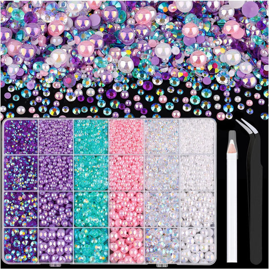 9000PCS Flatback Pearls and Rhinestones for Crafting, Pink Purple Mixed Size 3-10mm Resin Rhinestones and Half Pearls for Bedazzling, Nail Art and Decoration with Tweezer and Pickup Pencil
