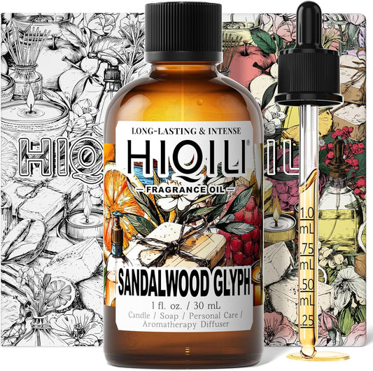 HIQILI Sandalwood Glyph Fragrance Oil for Candle & Soap Making, DIY Perfume, Essential Oil Diffuser for Home, Santal Dan Sha - 1 Fl Oz