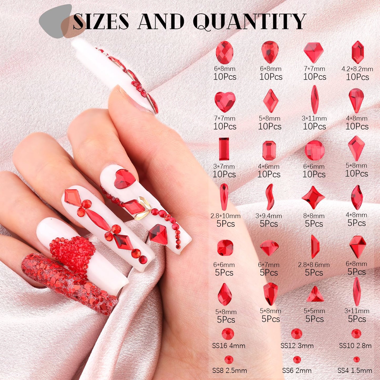 1680Pcs Red Glass Nail Rhinestones 180Pcs Multi Shapes Flatback Nail Gems + 1500Pcs 1.5-4mm Round Crystal, Manicure Nail Charms Diamond Gemstones for Acrylic Nails Decoration