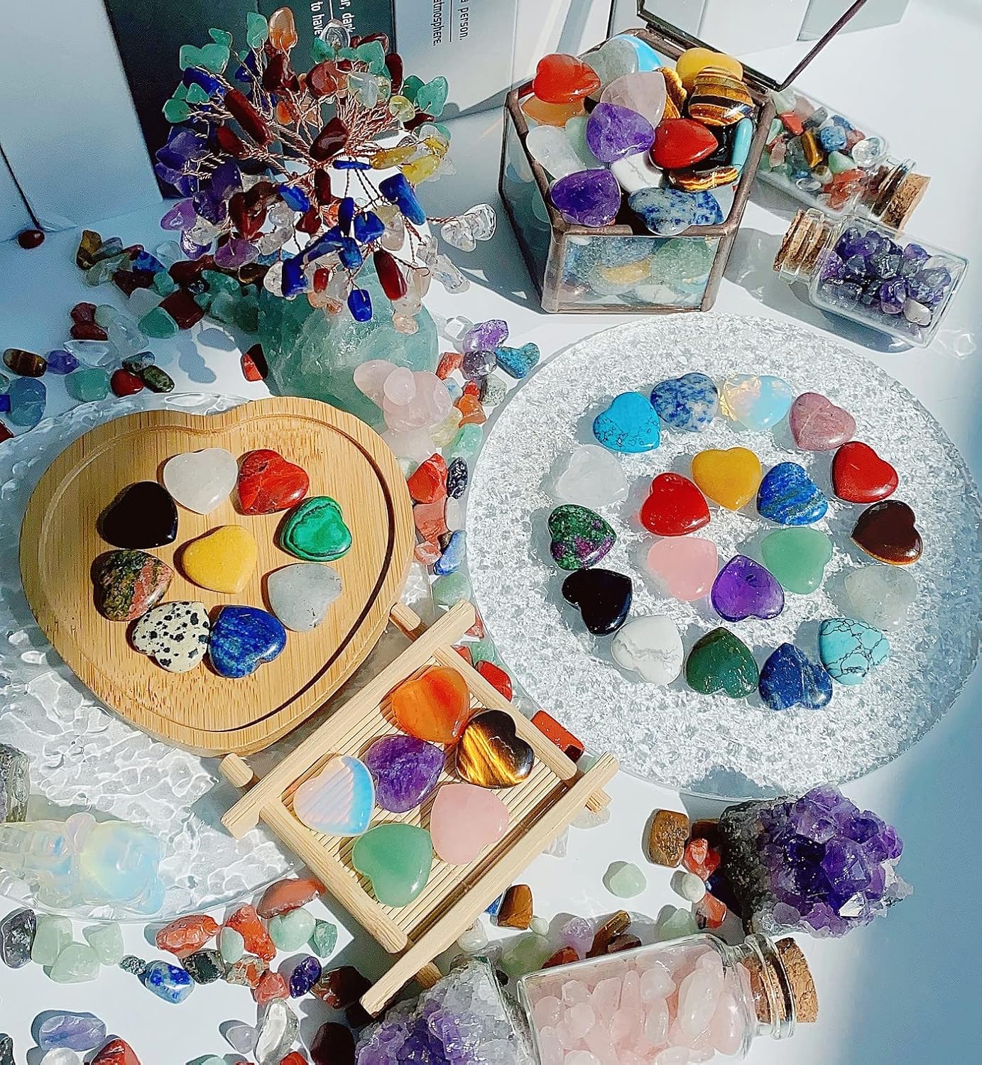 15 PCS Heart Crystals Healing Natural Pocket Stones Polished Love Shaped Palm Gemstones Rose Quartz Amethyst Assorted Set Reiki Energy Balancing Meditation Mother's Day Gift 0.8 Inch