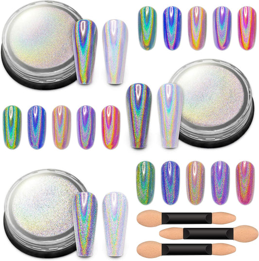 Artdone 3jars Holographic Chrome Nail Powder 1Gram Each, Unicorn Holo Rainbow Mirror Effect 20um 35um 65um Nail Pigment kit For Gel Polish Nail Art crome Set