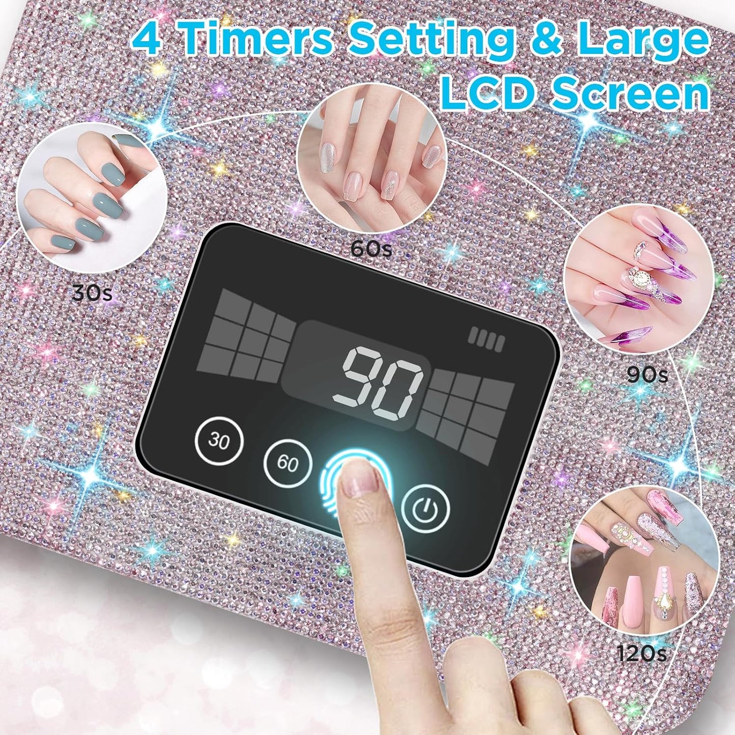Cordless UV Nail Lamp, Rechargeable UV Light for Gel Nails, LED Nail Lamp with 4 Timer Modes, Gel Nail UV Light Decorate with Sparkling Nail Rhinestones