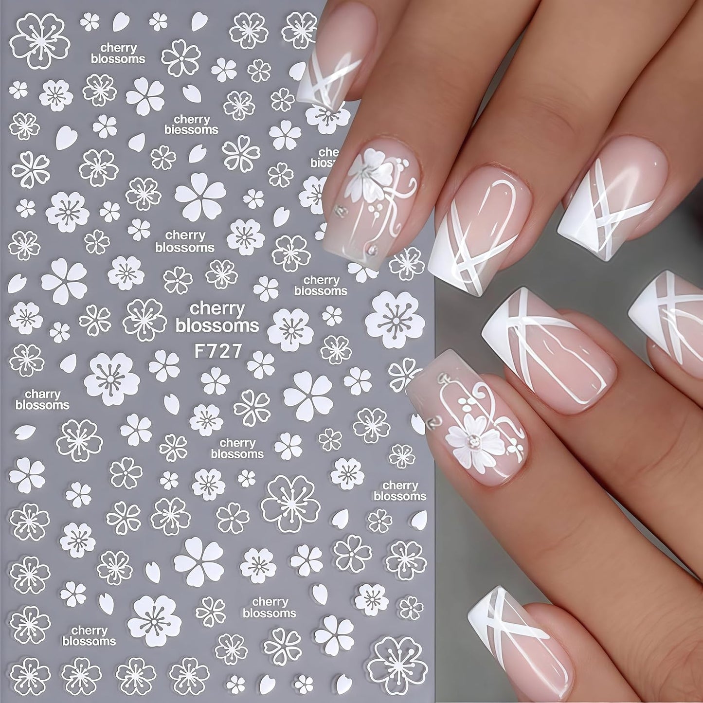 Flower Nail Stickers 3D Self-Adhesive Cute White Cherry Blossoms Decals Spring and Summer Leaves Flowers Design Supplies for Woman Girls DIY Manicure Decorations 8 Sheets