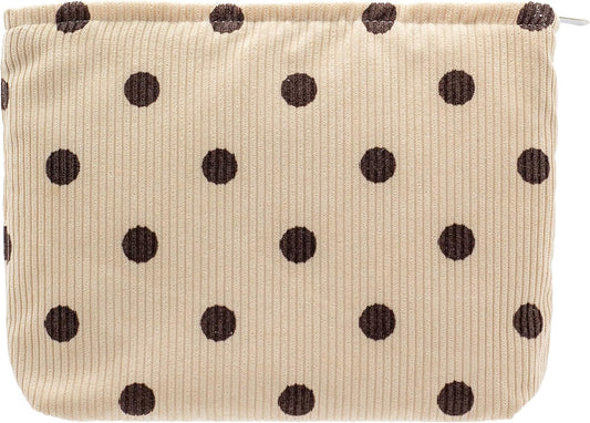 PAZIMIIK Makeup Bag Large Zipper Corduroy Make Up Pouch for Purse Travel Canvas Cosmetic Organizer for Women Brush Storage,Polka Dot Beige
