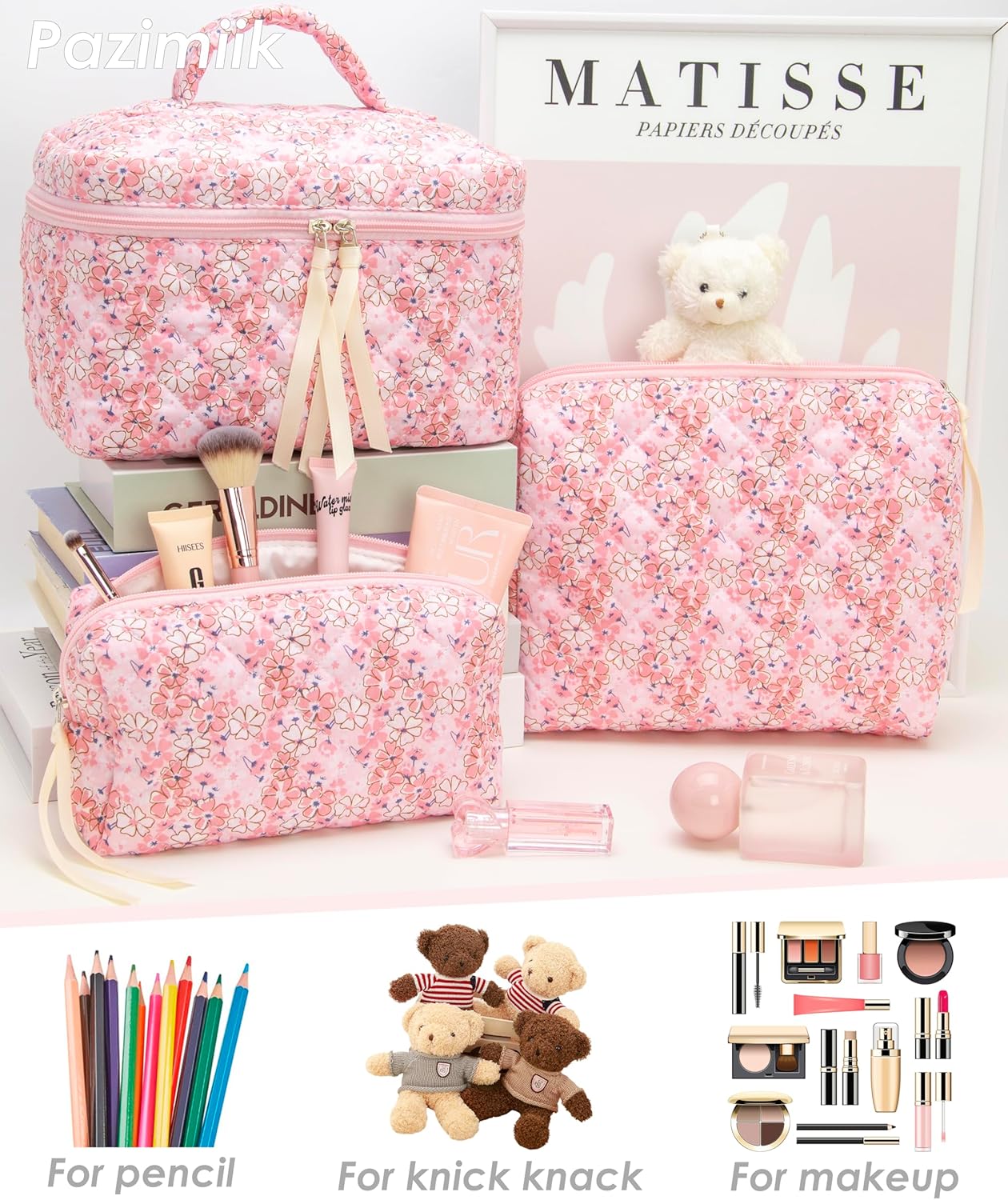 PAZIMIIK 3PCS Makeup Bag SET Large Travel Quilted Zipper Soft Cosmetic Case Pouch for Women Girls Make Up,Pink Flower